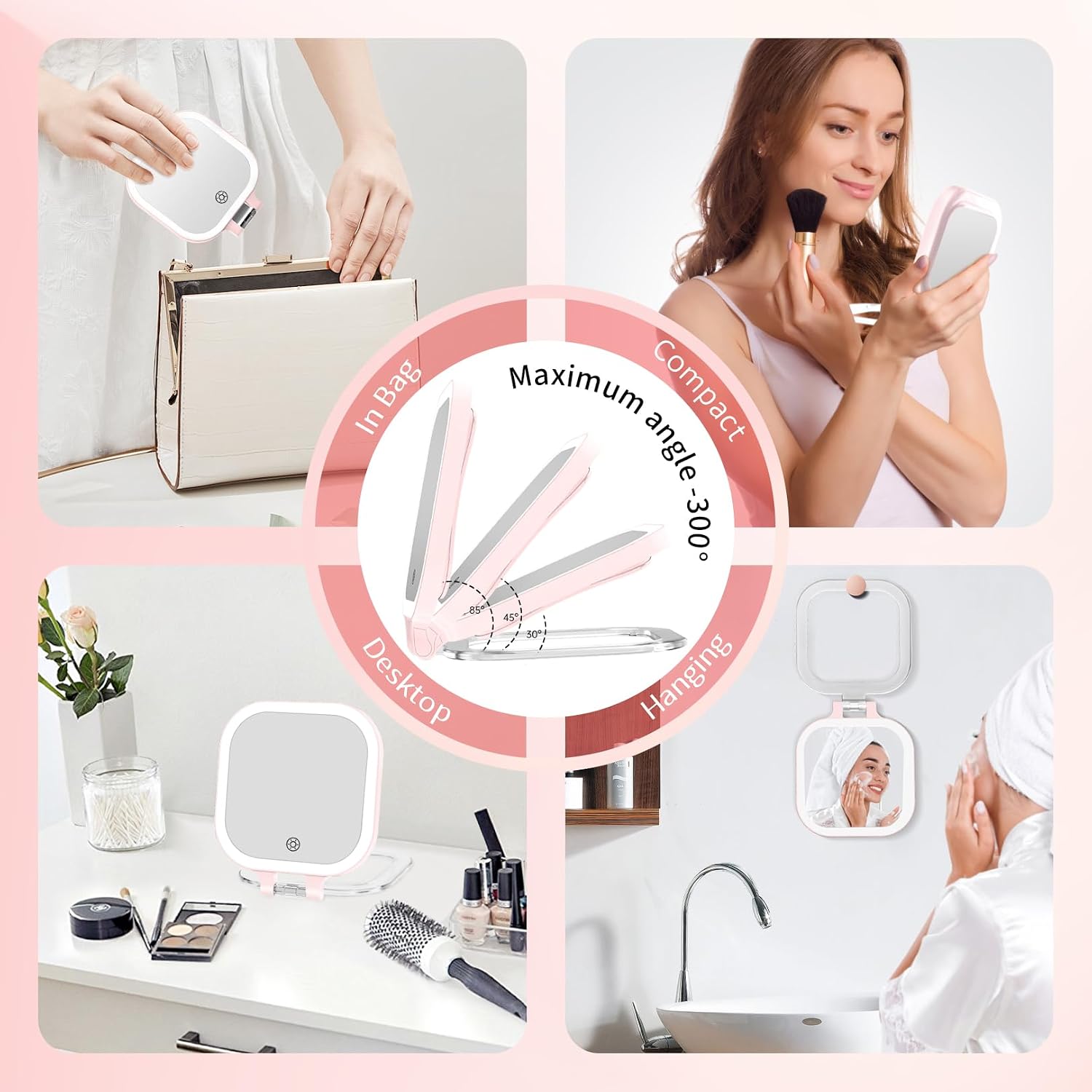 FASCINATE 3.5" Rechargeable Travel Makeup Mirror 30X Magnification (Pink)