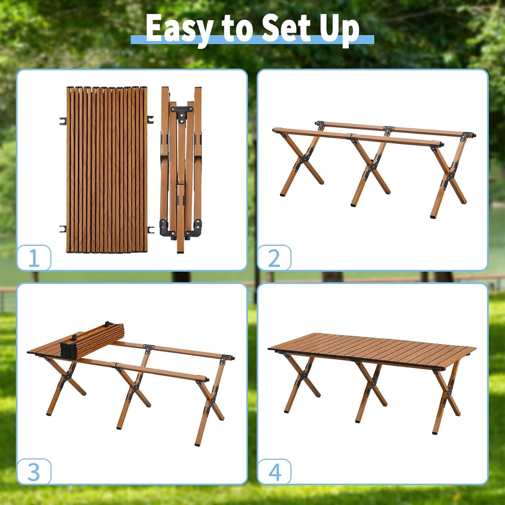 4Ft Aluminum Folding Camping Table, Portable Picnic Table, Outdoor Lightweight Collapsible Camp Table, Roll-up Camping Table for Beach,Party, Patio, BBQ, Travel, Backyard (Wood Upgraded Version)