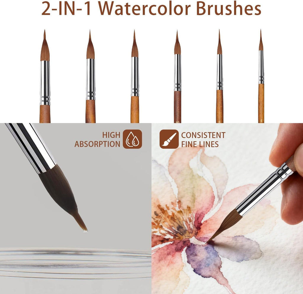 Watercolor Brushes Set,6Pcs Extended Needle Point Brushes Synthetic Extra Long Pinhead Brush with Sable Body Continuous Painting for Watercolor Acrylic Gouache Inks Painting