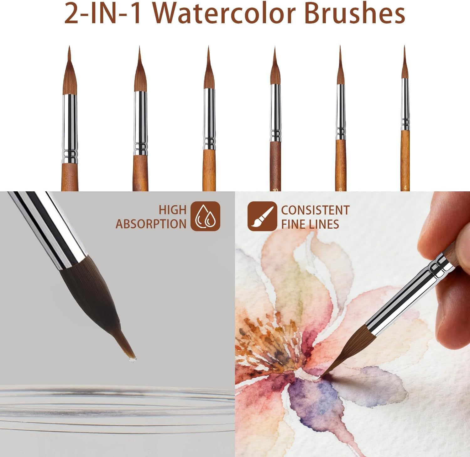 Watercolor Brushes Set,6Pcs Extended Needle Point Brushes Synthetic Extra Long Pinhead Brush with Sable Body Continuous Painting for Watercolor Acrylic Gouache Inks Painting