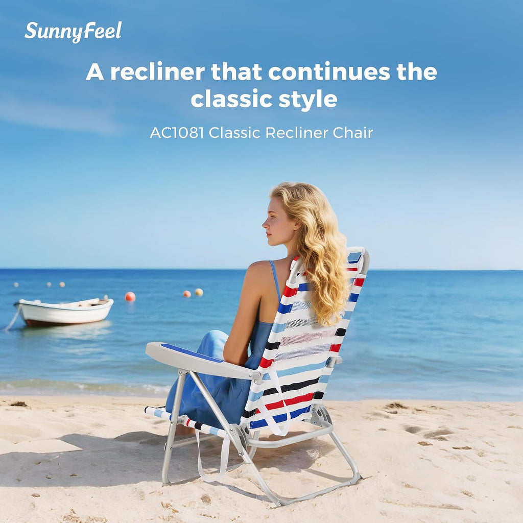 SUNNYFEEL Portable Beach Chair, Folding Low Back Beach Chair, Lightweight Camp Chair with Reclining Position, Backpack Lounger for Beach, Camping, Lawn, Outdoor, Red Blue White Striped, 2 Pack