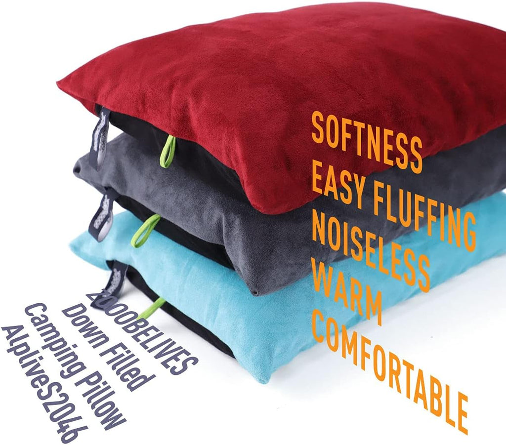ZOOOBELIVES Down Filled Camping Pillow for Travel, Washable Soft Cover, Small Camp Cushion for Neck & Lumbar Support On-The-Go, Ultralight & Compressible for Hiking Backpacking - AlpliveS2046