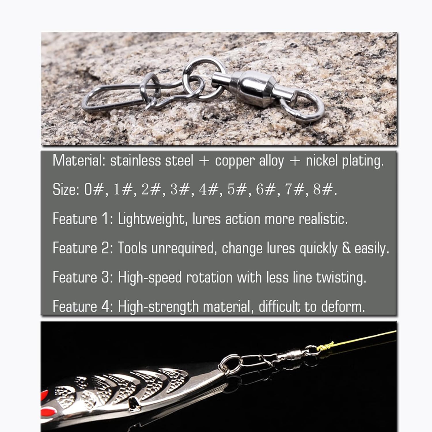 AMYSPORTS Duo Lock Snap Fishing Swivels Stainless Barrel Swivels Fishing Lure Snap Swivels Ball Bearing Swivels Fishing Tackle for Saltwater Fishing Freshwater Fishing