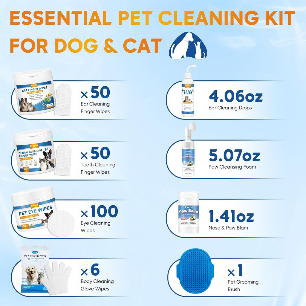 Pjordo Pet Essential Supplies for Dog & Cat, Cleaning Kit for Whole Body, Pet Wipes Cleaning Deodorizing, Grooming Wipes & Paw Cleaner, Finger Wipes for Teeth, Ear & Eyes, Suitable for Daily Care