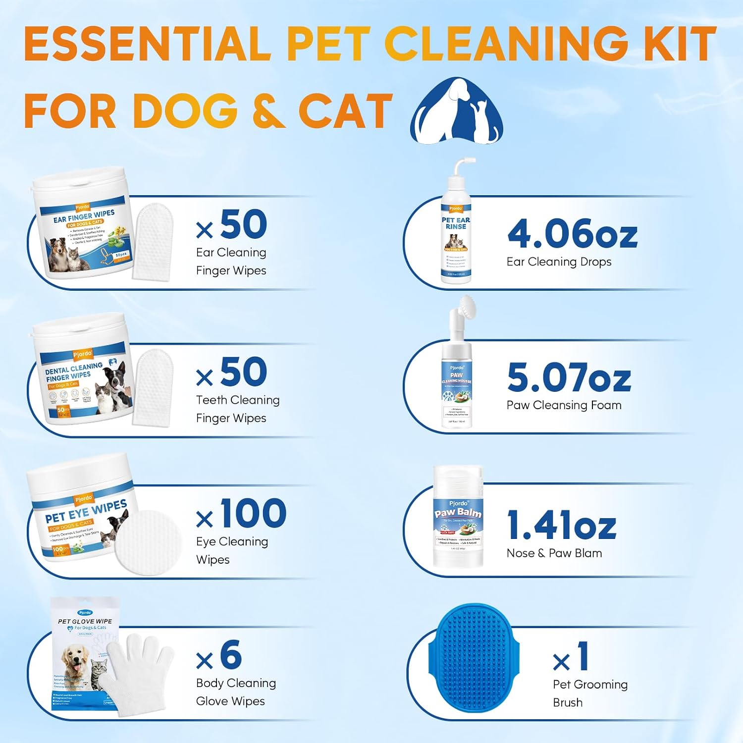 Pjordo Pet Essential Supplies for Dog & Cat, Cleaning Kit for Whole Body, Pet Wipes Cleaning Deodorizing, Grooming Wipes & Paw Cleaner, Finger Wipes for Teeth, Ear & Eyes, Suitable for Daily Care