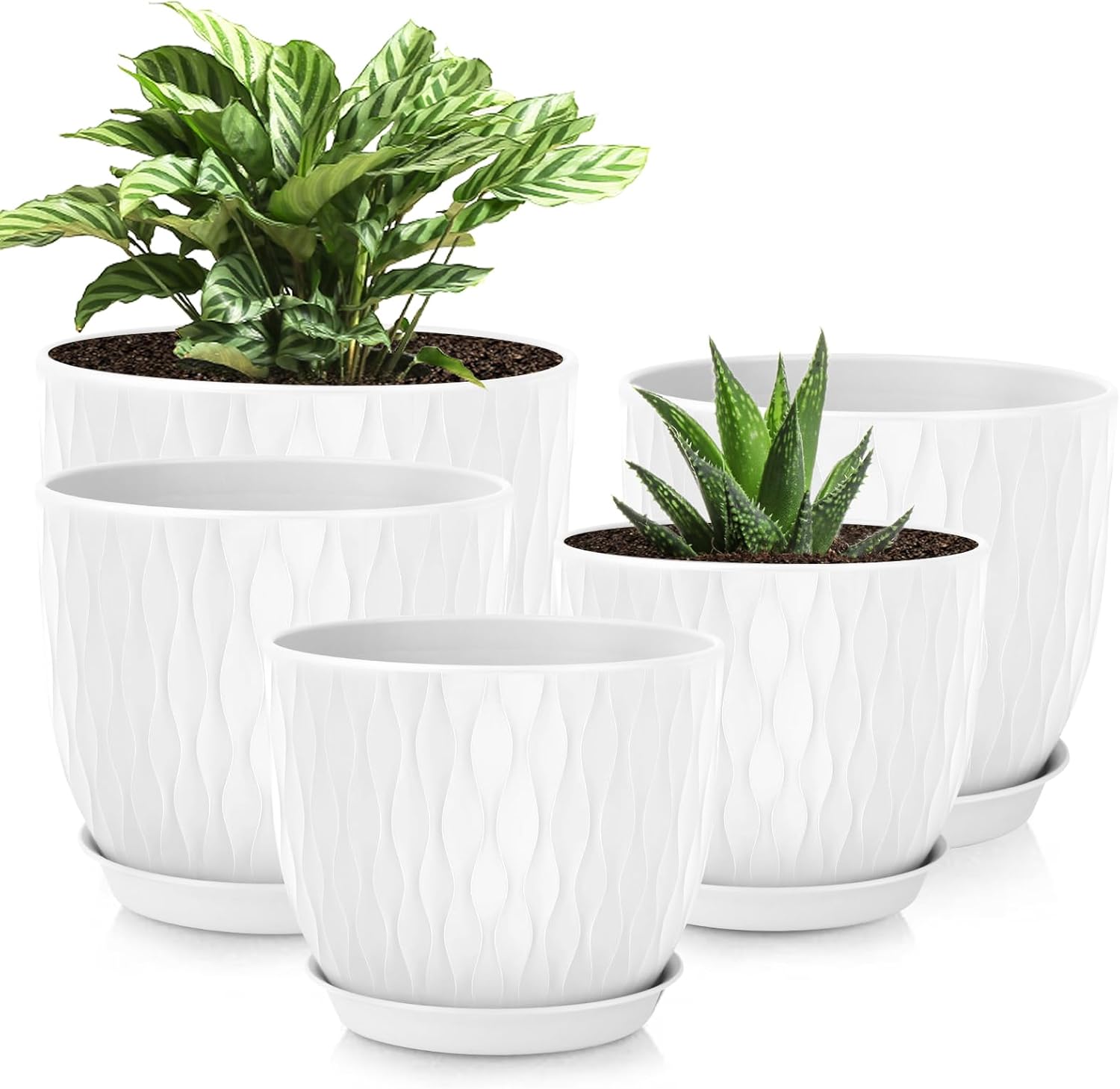 Plastic Plant Pots 10/9/8/7.5/7 inch Set of 5, Flower Planters with Drainage Holes and Saucers, Plastic Pots for Indoor Outdoor Plants, Livingroom Garden Decor (Green)