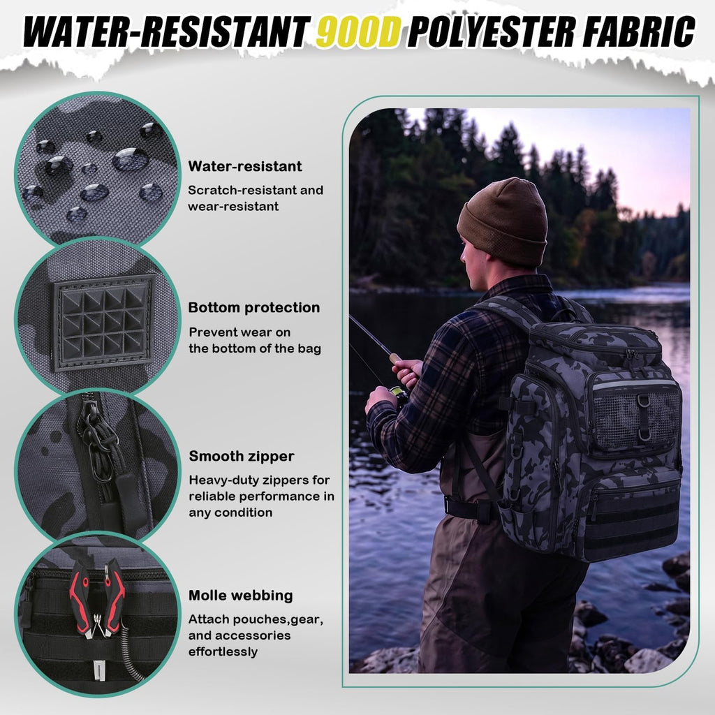 HAMBOLY 45L Fishing Backpack with Rod Holders & Built-in Foldable Divider