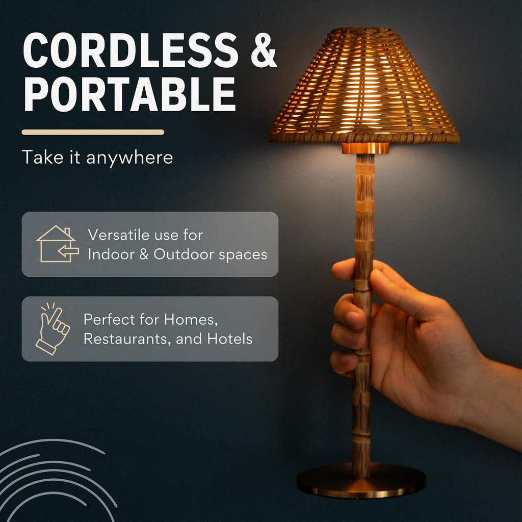 Bamboo Cordless LED Table Lamp – Rechargeable 24-Hour Battery, Dimmable Warm Light, Portable Wireless Lamp with Remote for Indoor/Outdoor Use, Home, Patio, Restaurant – (NATURAL RATTAN), 14.95" Tall