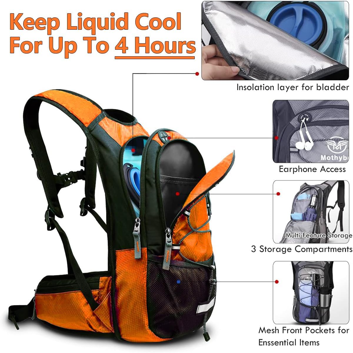 Mothybot Hydration Pack, Insulated Hydration Backpack with 2L BPA Free Water Bladder and Storage, Hiking Backpack for Men, Women, Kids for Running, Cycling, Camping - Keep Liquid Cool up to 5 Hours