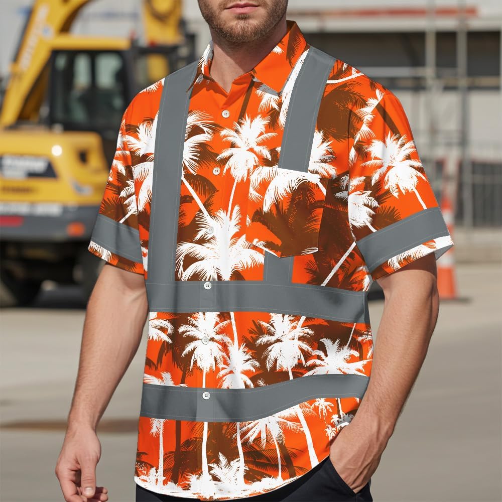 High Visibility Hawaiian Shirt for Men Tropical Shirts Custom Name Floral Outfit Reflective Safety Workwear