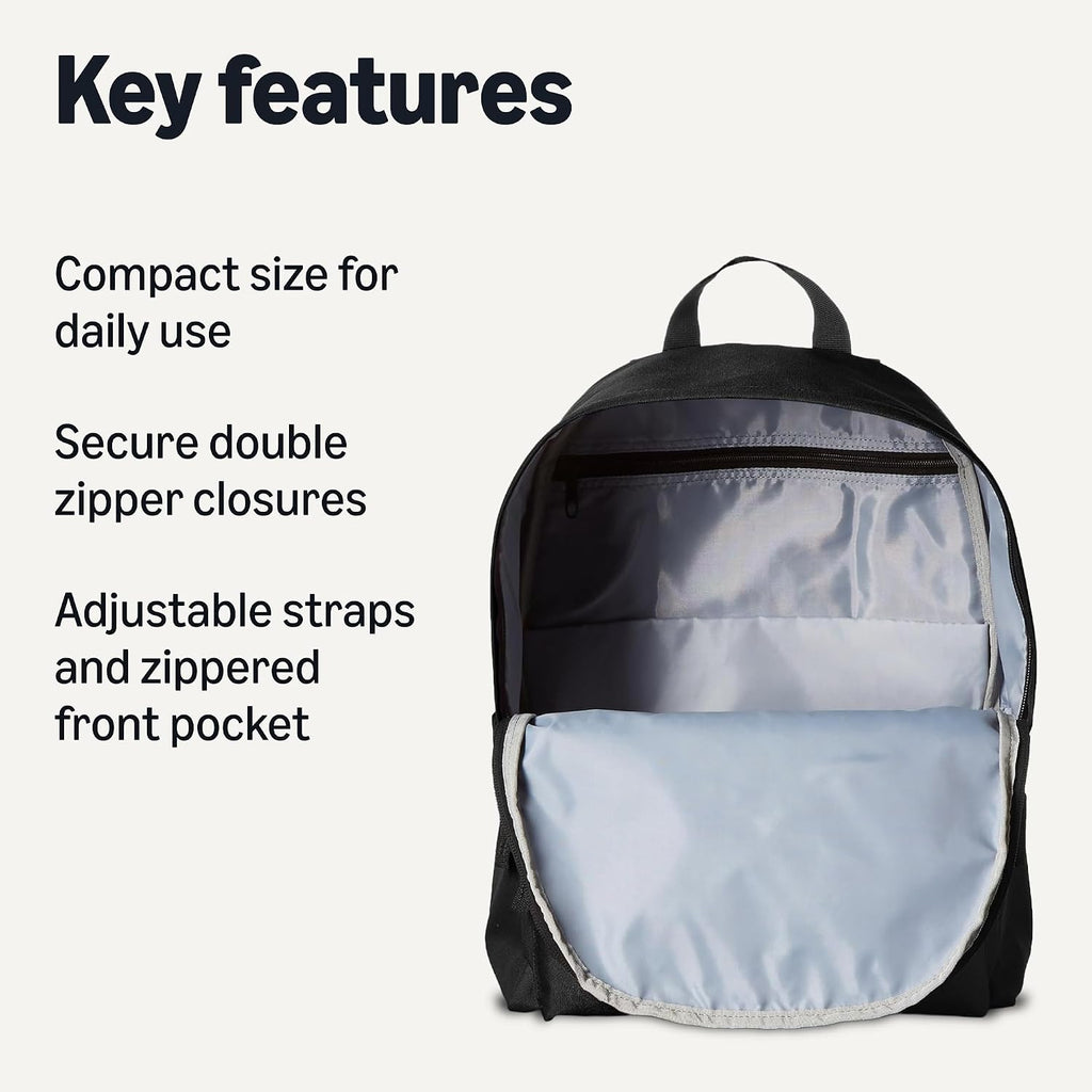 Amazon Basics Backpack for School, Travel, Study with Padded Adjustable Shoulder Straps, Spacious Compartment, Water Bottle Pockets, Durable Classic Design, Black