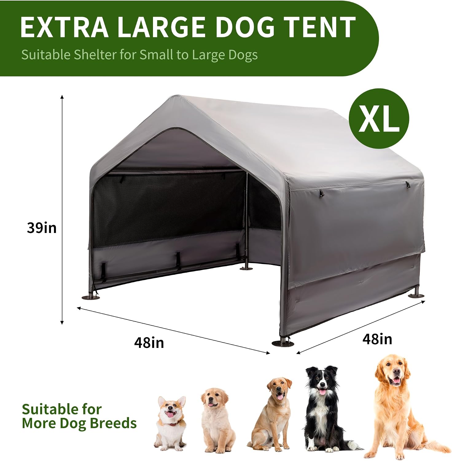 Summertrail Extra Large Dog House Outside, Dog Shade Shelter Tent Outdoor | Doghouse Canopy with Three-Sided Breathable Mesh Windows, Waterproof Pet Shade Shelter for Small Animal 4'x 4'x 3.3' Grey