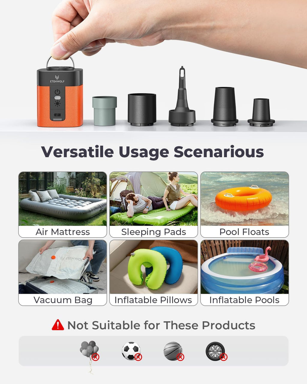 ETENWOLF AIR 3 Air Pump for Inflatables with 2600mAh Battery& Camping Light