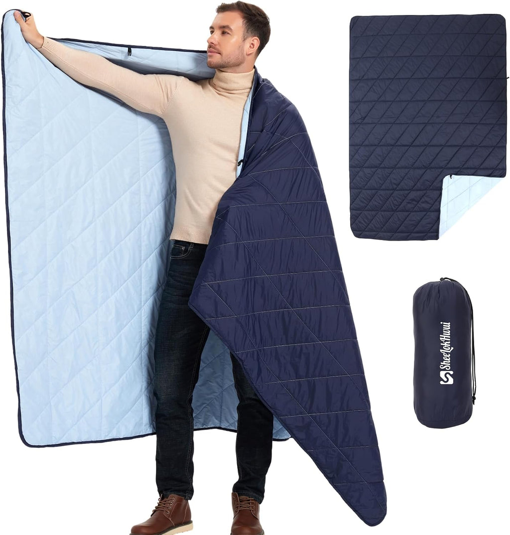 Ultralight Puffy Blanket, Outdoor Camping Blanket, Water-Resistant and Packable, Great for Camping, Stadium, Traveling, Backpacking, Picnic and Beach. 79"x55". Royal Blue