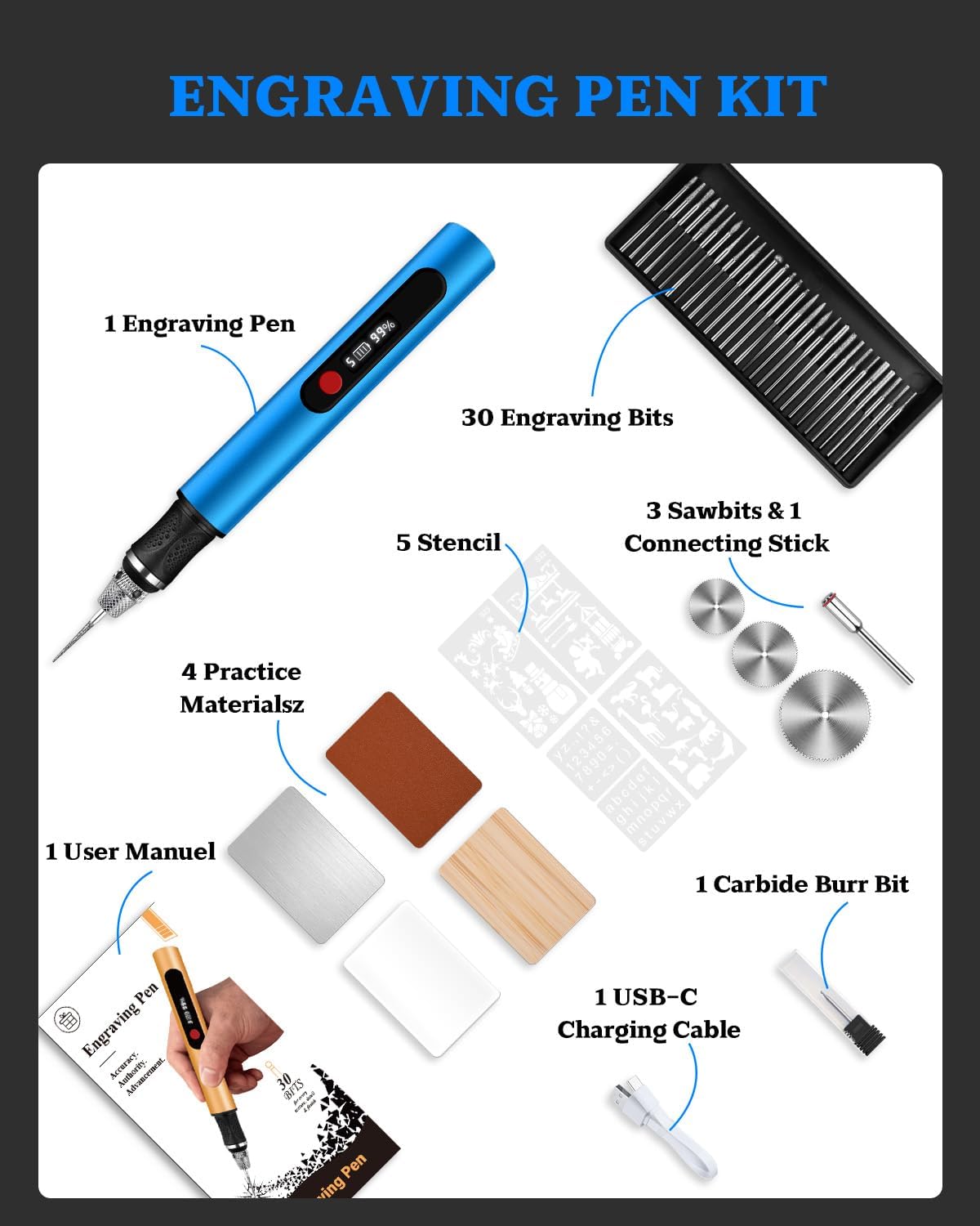 Cordless Engraving Pen with LCD Display & Anti-Slip Grip,31 Bits & 5 Speeds, Electric Engraving Tool Kit for All Materials,Gifts for Artists, DIYers, Beginner, Blue