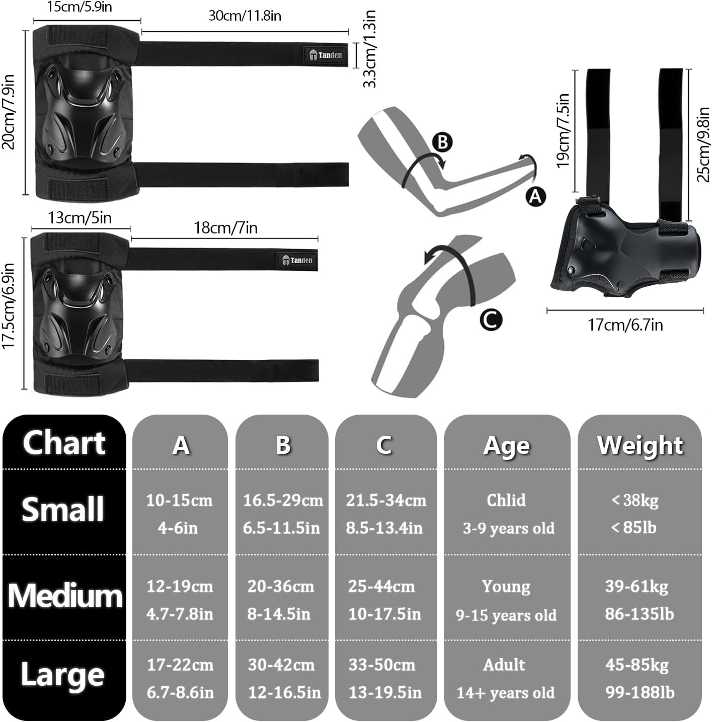 Tanden Skating Protective Gear Knee and Elbow Pads Wrist Guards for Roller Skating Skateboarding, Skate Pads Adult Knee Pads