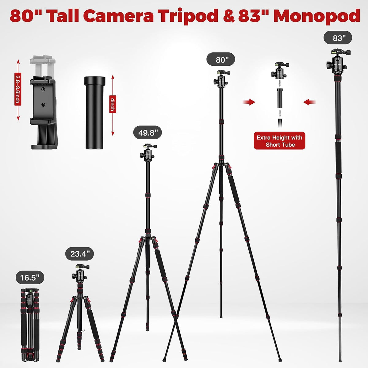 Victiv Camera Tripod, 80" Ball Head Tripod with Carry Bag & Phone Holder