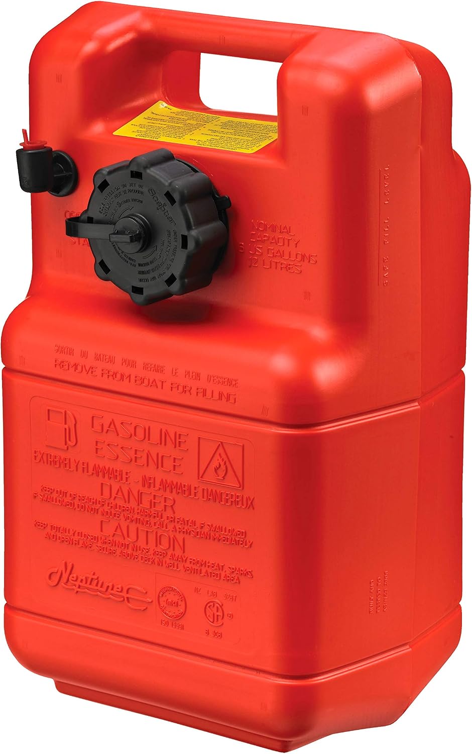 Scepter 3 Gallon Portable Marine Gas Can, Boat Fuel Tank, 2-Way Vented Cap, Built-In Fuel Line Pick-Up, Top Handle, EPA & CARB Compliant, Neptune Series, 17.25"L x 11"W x 8.5"H (08590)