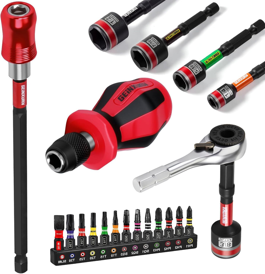 Geinxurn 21 Pieces Tool Kit Include Mini Ratchet Wrench, S2 Steel Screwdriver Bit, Mini Screwdriver Handle, Magnetic Locking Bit Holde, Socket Wrench Nut Driver Set. Portable Hand Tools Set for Repair