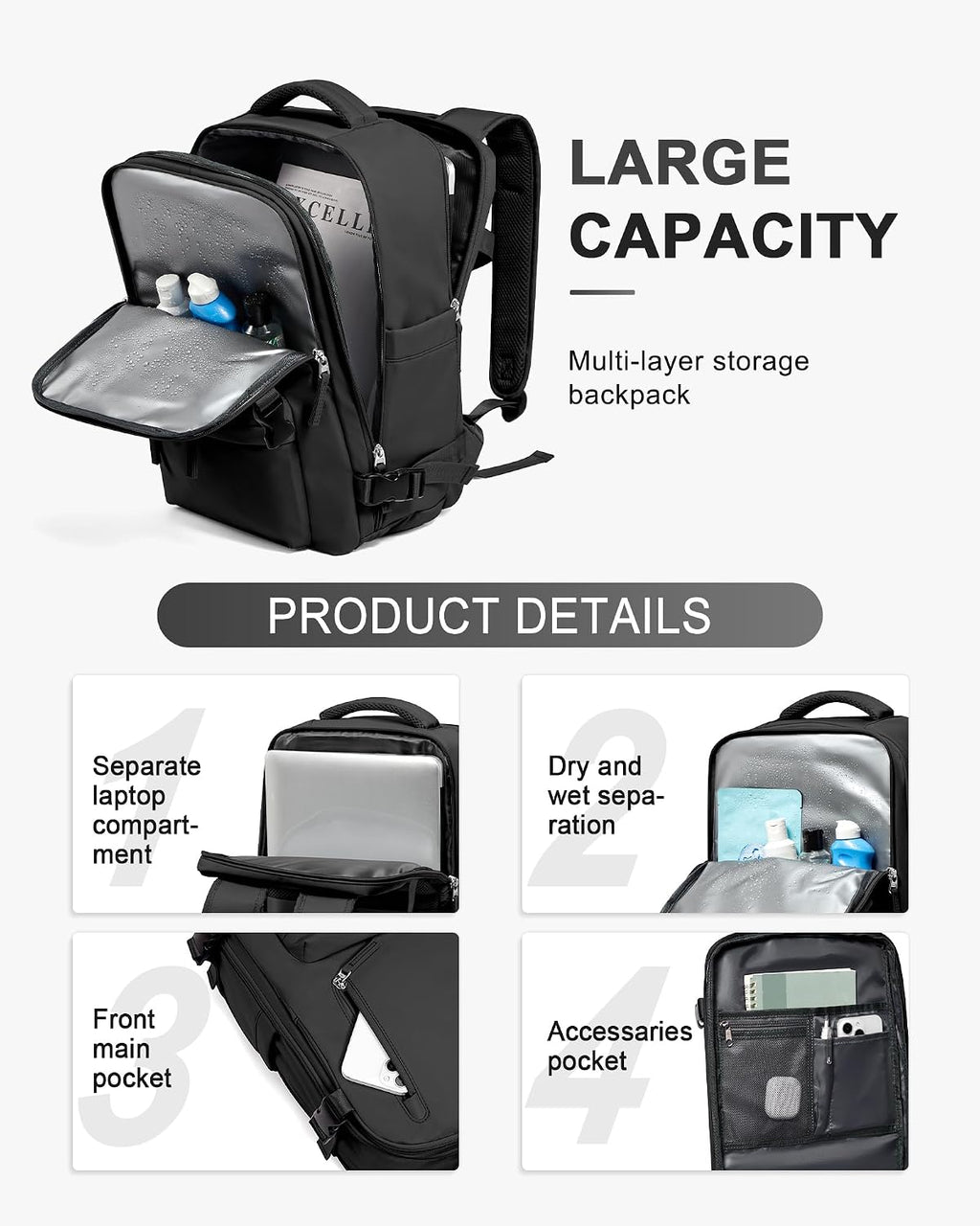 WONHOX Travel Backpack Women,Carry On Backpack Flight Approved 18x14x8 inches Bag Spirit Airlines Personal ltem,College Sports Hiking Rucksack Waterproof Casual Daypack Laptop Blackpack Men,Black