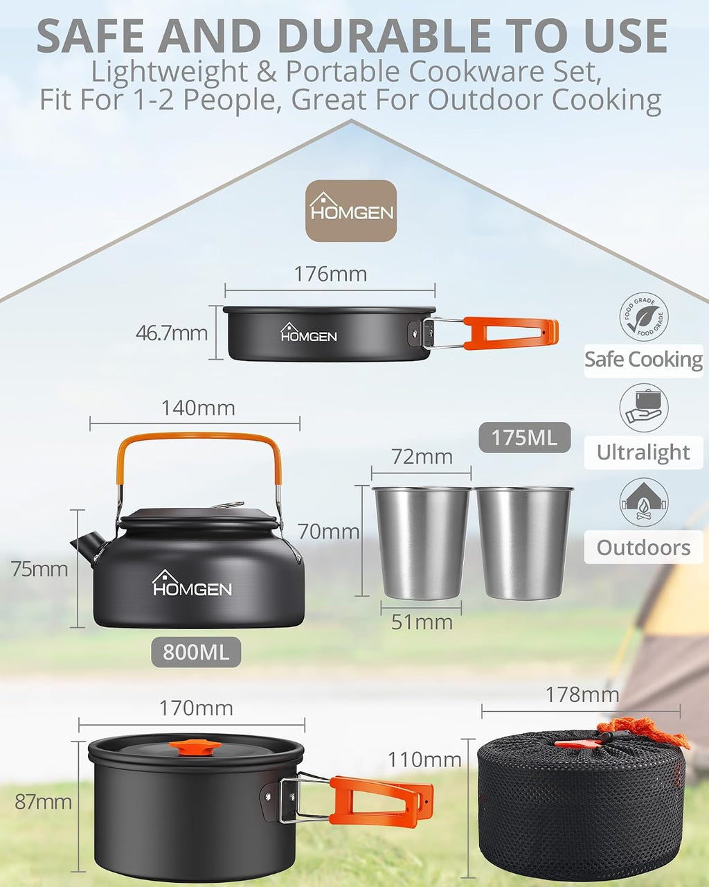 HOMGEN Portable Ultralight Anodized Aluminum Camping Cookware Set - Nesting Camping Pot and Pan-800ml Insulated Teapot-Carrying Bag-for Camping Hiking Picnic RV Trip