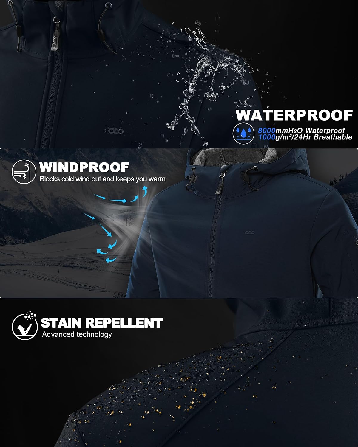 33,000ft Men's Hooded Fleece Lined Rain Shell Jacket Waterproof Lightweight
