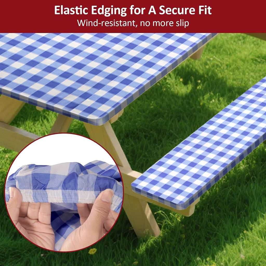 6ft 72in Picnic Table and Bench Cover, 3 Pack, Blue-White Checkered
