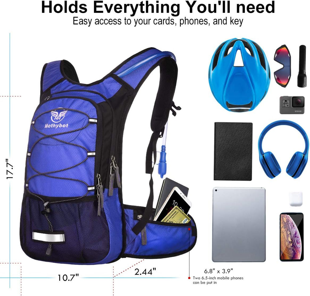 Mothybot Insulated Hydration Backpack Pack with 3L BPA Free Leak Proof Water Bladder, Large Storage Lightweight Hiking Daypack with Waist Pouches & Cooler Layer, for Running, Biking, Camping, Festival