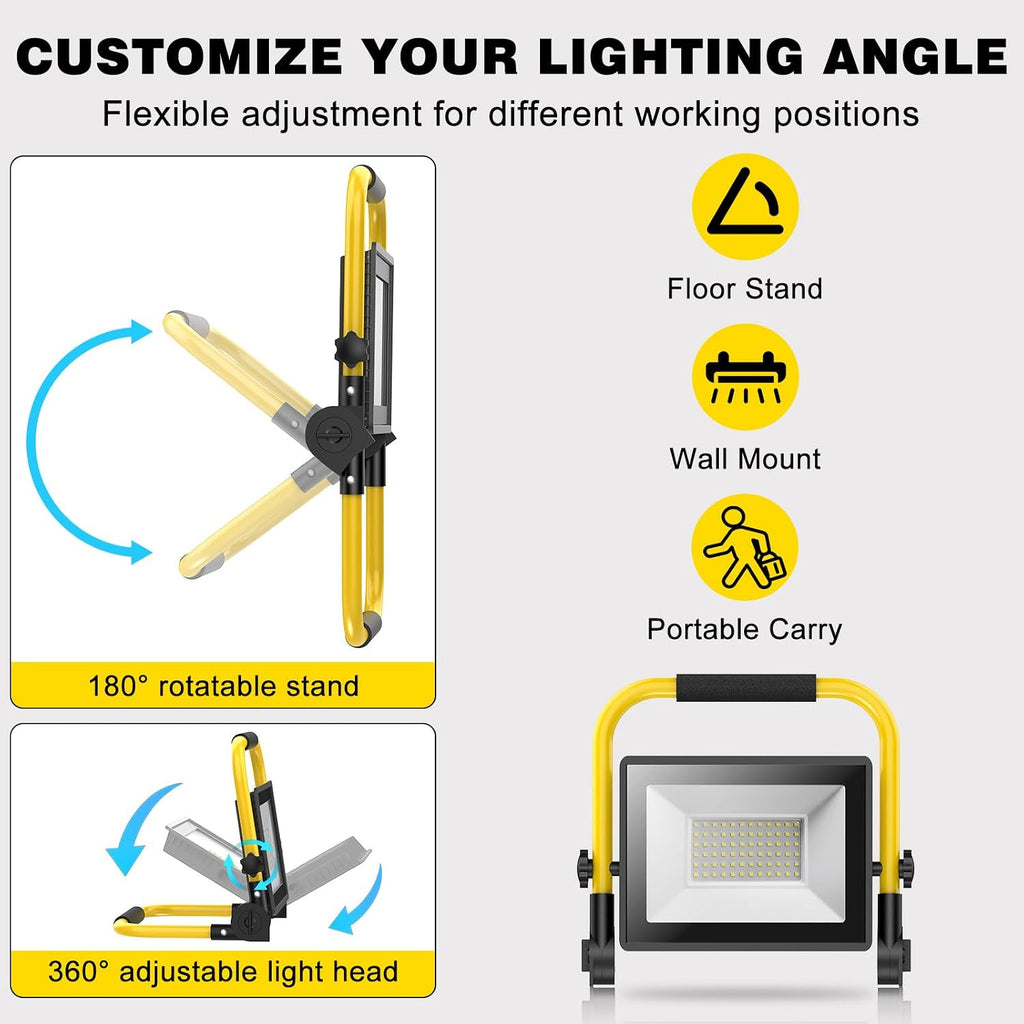 LED Work Light 10000 Lumens, Portable Work Light with Stand, 72 LED COB 6500K, IP66 Waterproof Outdoor Lights, 360° Adjustable Mechanic Light for Garage, Construction, Camping, Shop Lights for Garage
