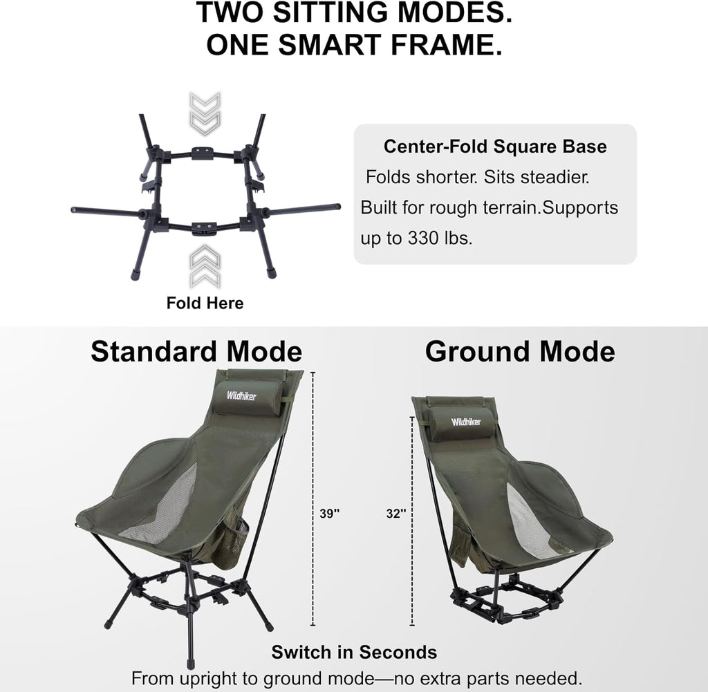 Wildhiker HuggleMode High Back Folding Camping Chair, 2 Seat Heights -Green