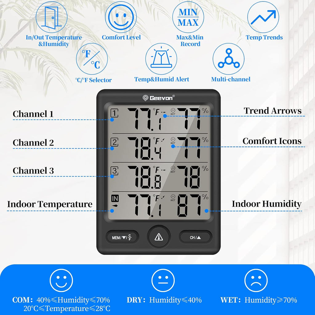Geevon Indoor Outdoor Thermometer Wireless with 3 Remote Sensors, Digital Hygrometer Thermometer, Wireless Temperature Humidity Monitor Gauge with 200FT/60M Range