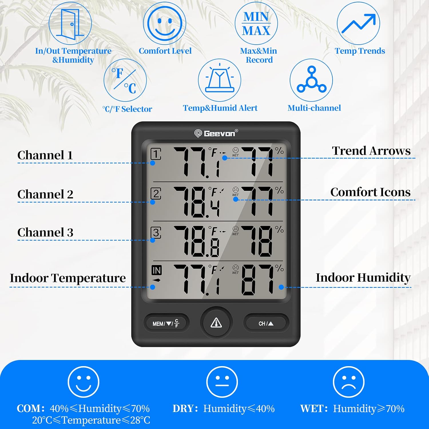 Geevon Indoor Outdoor Thermometer Wireless with 3 Remote Sensors, Digital Hygrometer Thermometer, Wireless Temperature Humidity Monitor Gauge with 200FT/60M Range