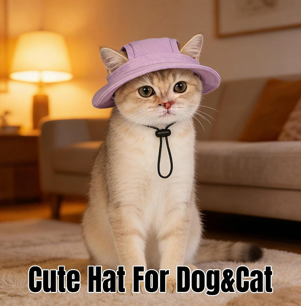 Denim Flannel Pet Sun Hat with Ear Holes, Adjustable UV Protection Cap for Dogs & Cats, Breathable Summer Outdoor Hat with Curved Brim (Purple, M)