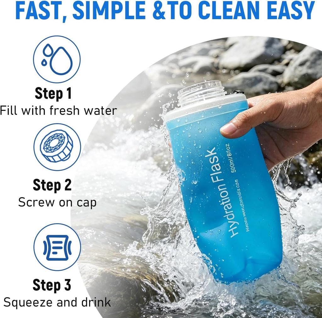 500ml Collapsible Water Bottle with Filter for Hiking Backpacking(Blue)