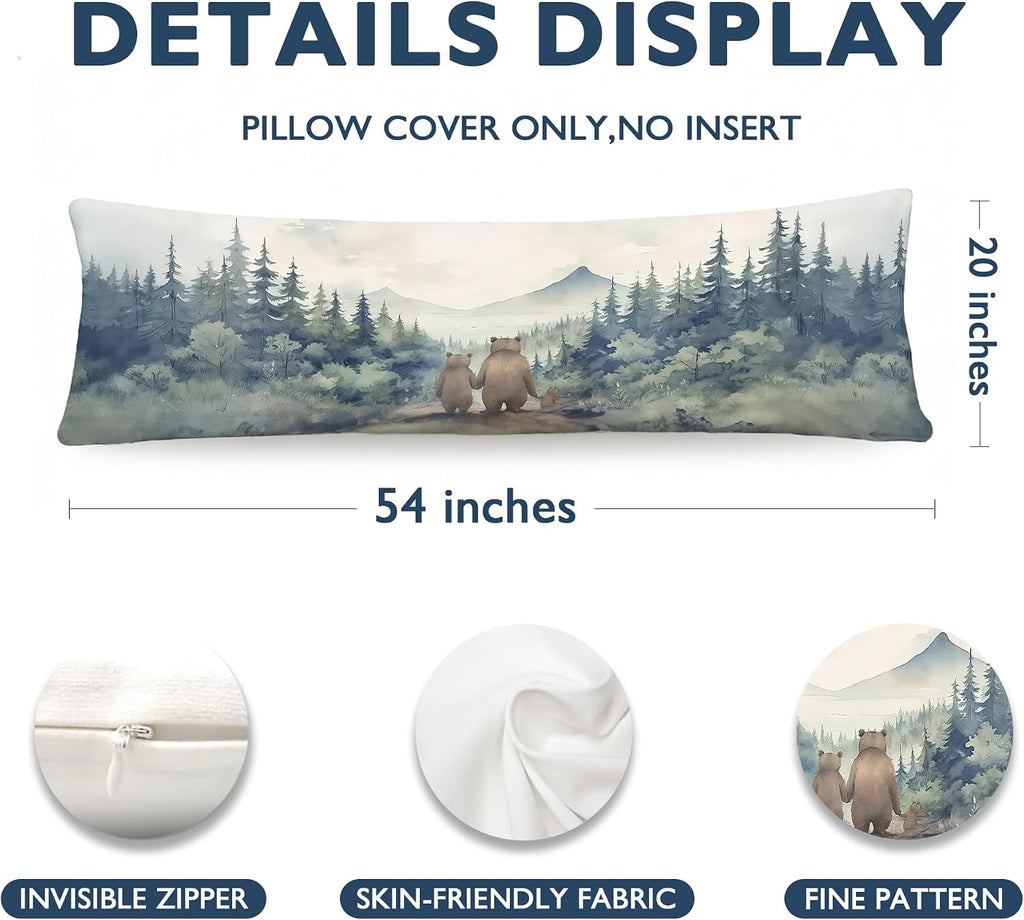 Rustic Forest Bear 20x54 Body Pillow Cover, Bear Nursery Decor, Nature Mountain Lake Scenic Bears Family Long Body Pillowcase with Zipper for Bed Couch Kids Room