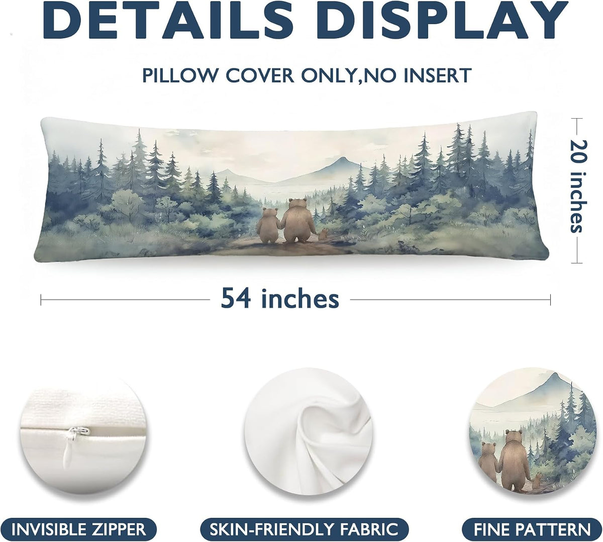Rustic Forest Bear 20x54 Body Pillow Cover, Bear Nursery Decor, Nature Mountain Lake Scenic Bears Family Long Body Pillowcase with Zipper for Bed Couch Kids Room