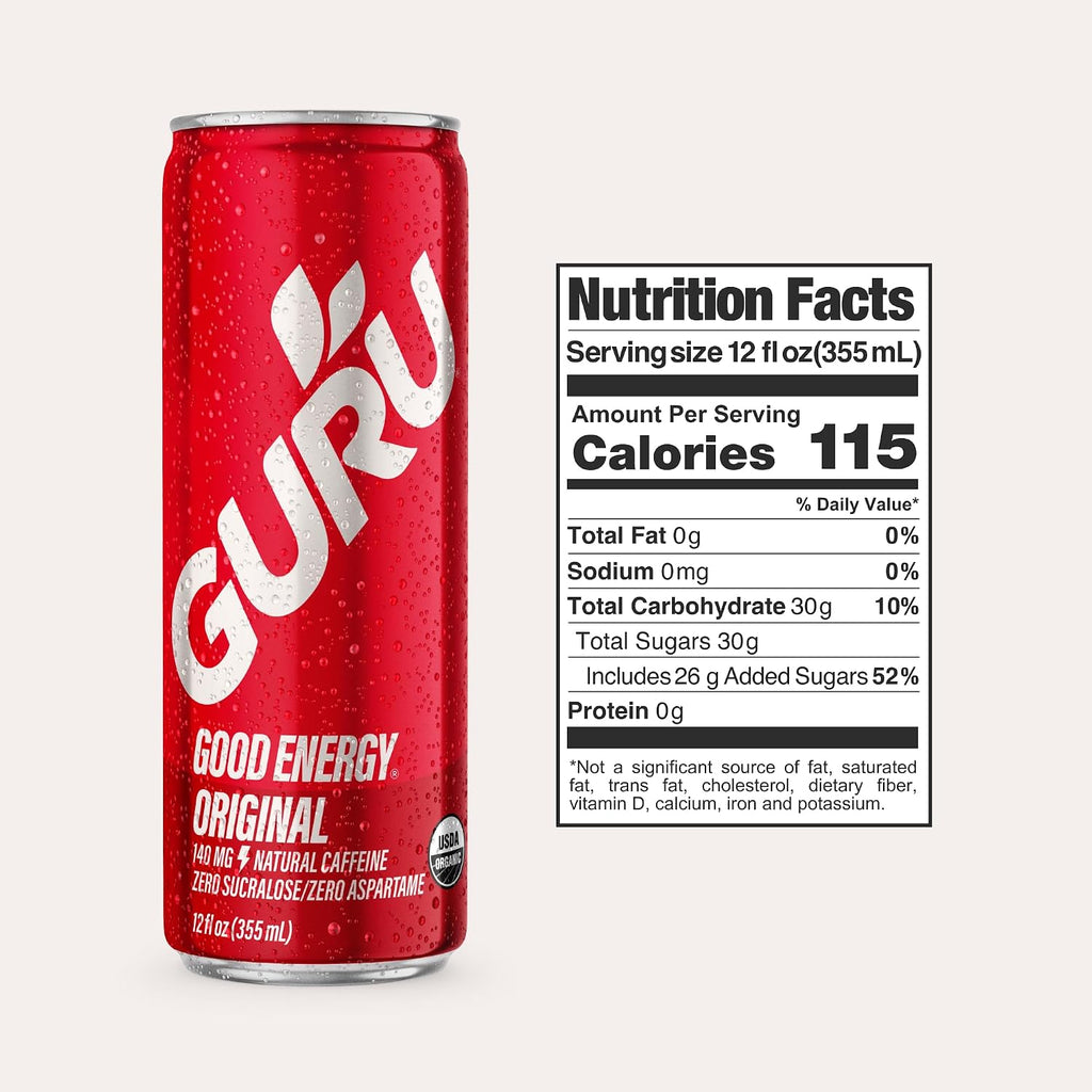 GURU Organic Energy Drink, Original, Natural Caffeine, 12 Fl Oz, 24 Pack