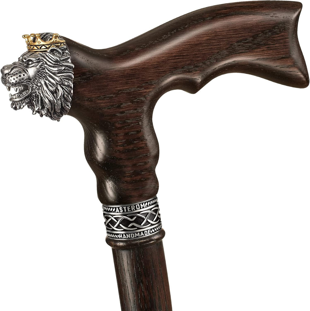 Asterom Lion Walking Cane for Men, Cool Wooden Canes for Men, Oak Wood