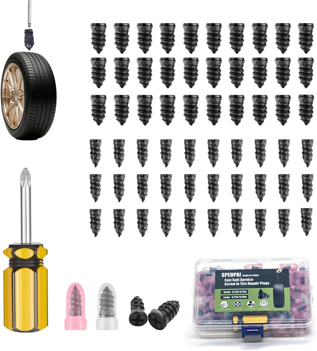 Tire Repair Rubber Nails Kit with 2 Sizes,2026 New Vacuum Screw Type Tire Plug Fast Tool with Screwdriver,Self-Service Screw in Tire Plugs Repair Tools for Car,Motorcycle,Truck,Bikes (60Pcs)