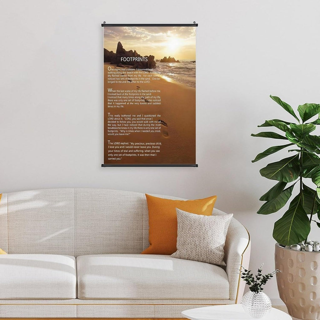 Footprints in the Sand Religious Canvas Wall Art Posters, Inspirational Beach Sunset Poem Print Poster (Black Axis 12x18inch, Footprints(2))