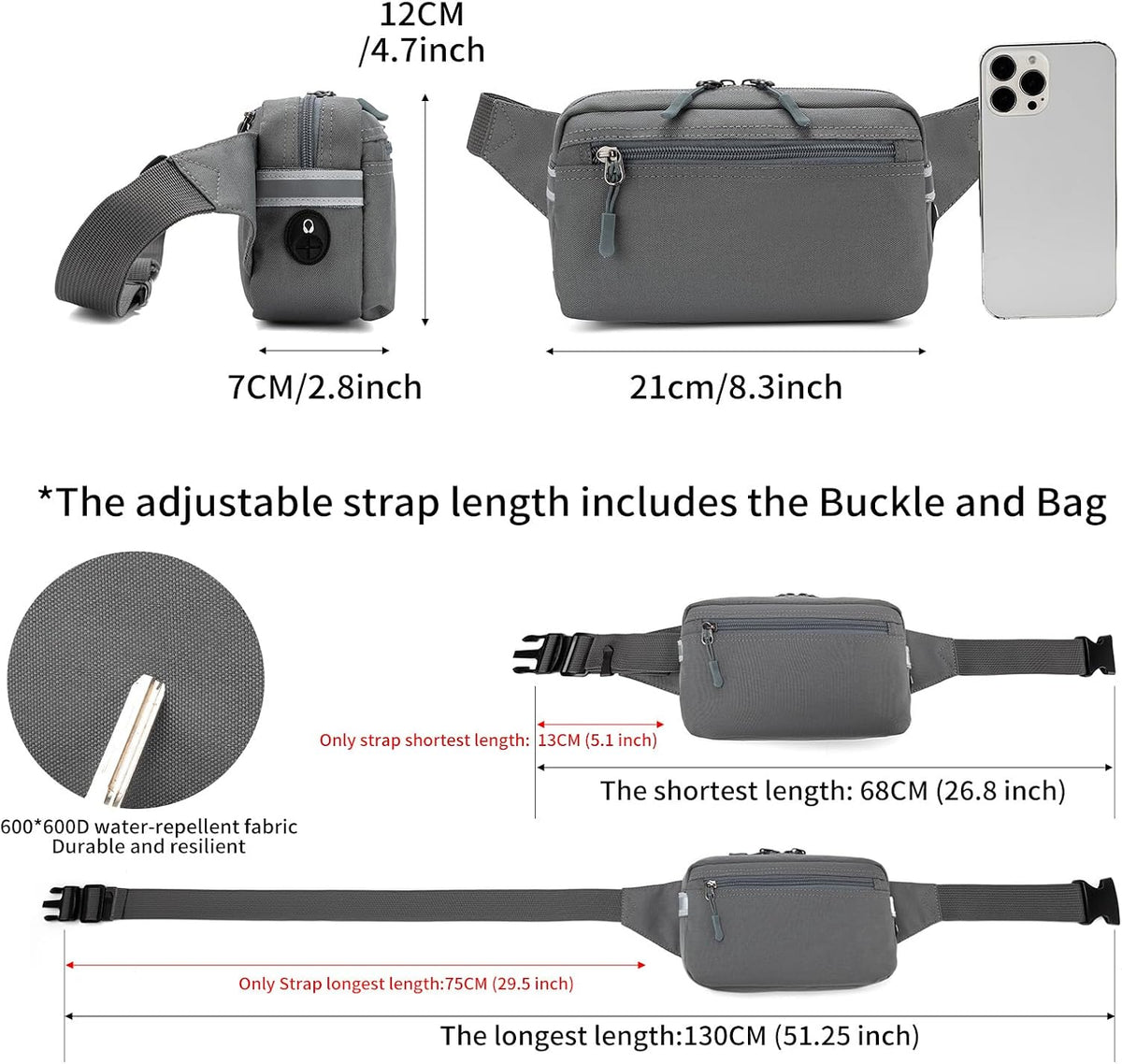 Mini Hiking Waist Bag, 3-Pocket 1.7L RFID Blocking Fanny Pack for Men Women (Grey)