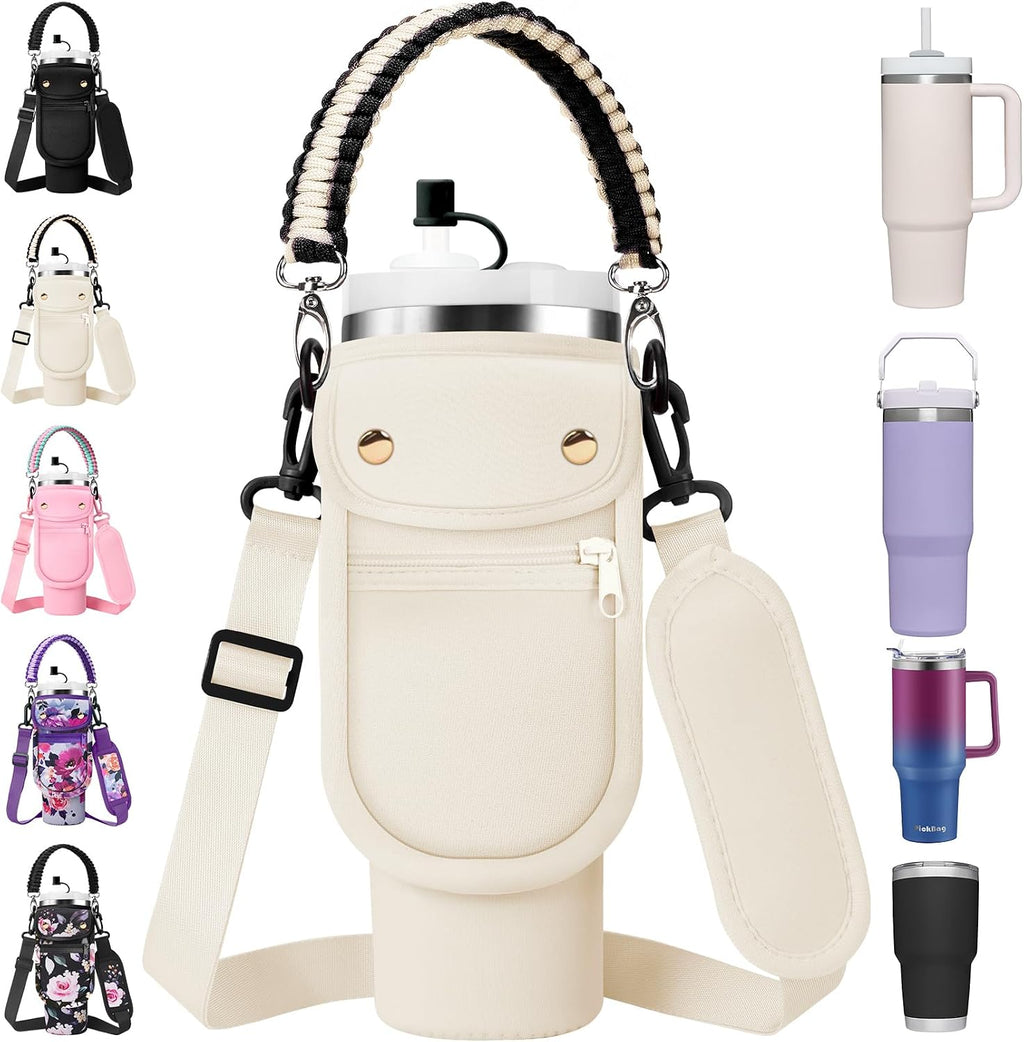AceTreker Water Bottle Carrier Bag with Phone Pocket for Stanley 40/30 oz Tumbler Neoprene Insulated Mug Sleeve Pouch with 2 Pockets & Adjustable Strap & Straw Cover for Stanley Cup Accessories