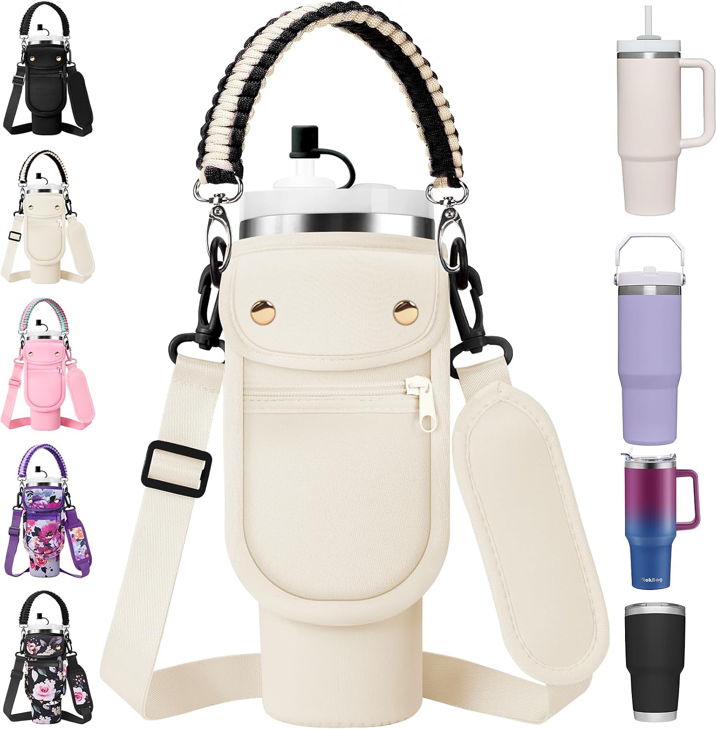 AceTreker Water Bottle Carrier Bag with Phone Pocket for Stanley 40/30 oz Tumbler Neoprene Insulated Mug Sleeve Pouch with 2 Pockets & Adjustable Strap & Straw Cover for Stanley Cup Accessories