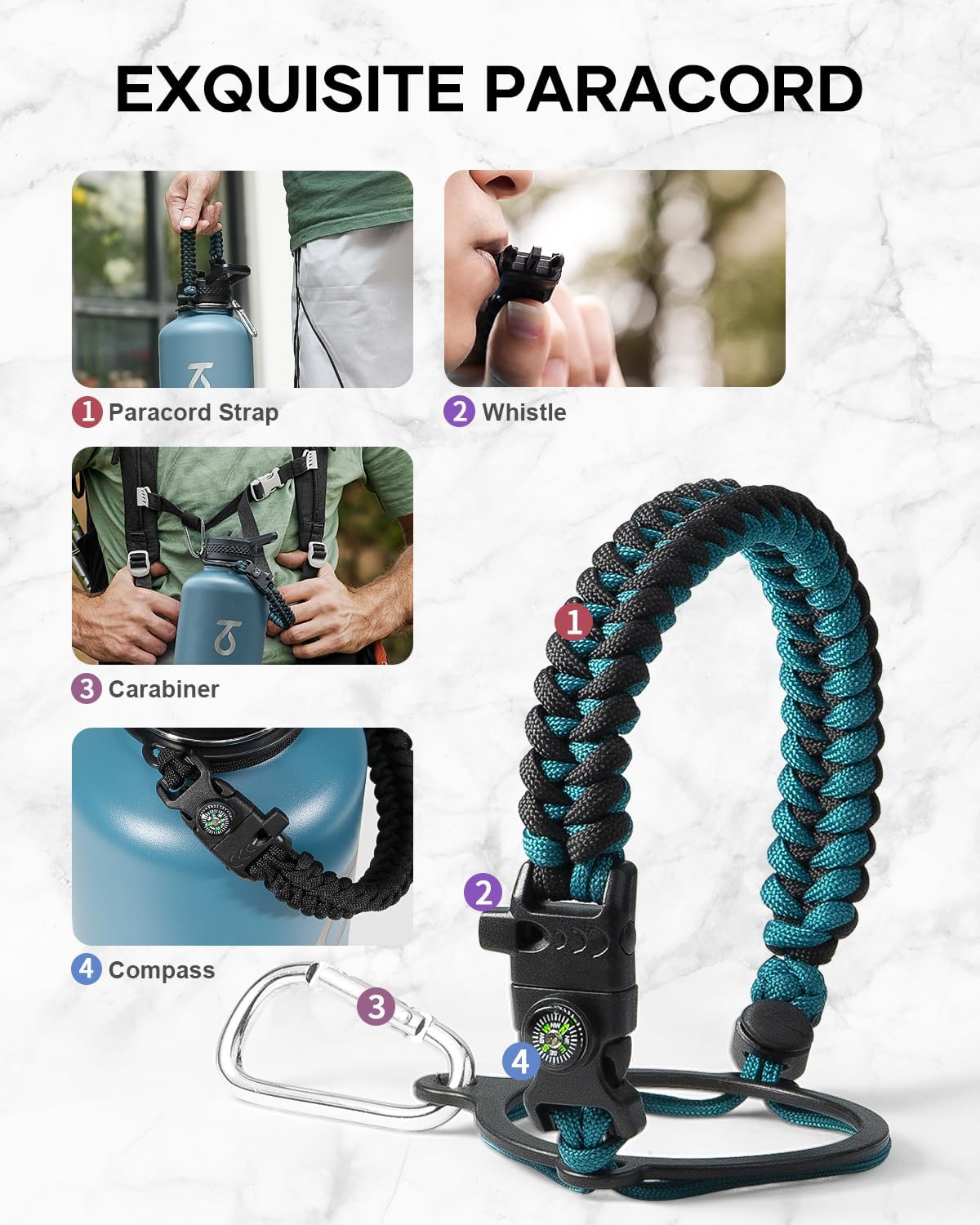 Trebo One Gallon Water Bottle Insulated with 3 Lids, Paracord Handle & Bag
