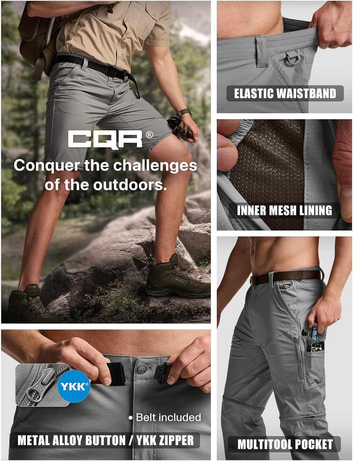 CQR Men's Convertible Cargo Tactical Pants, Water Resistant Outdoor Hiking Pants, Zip Off Lightweight Stretch Work Pants