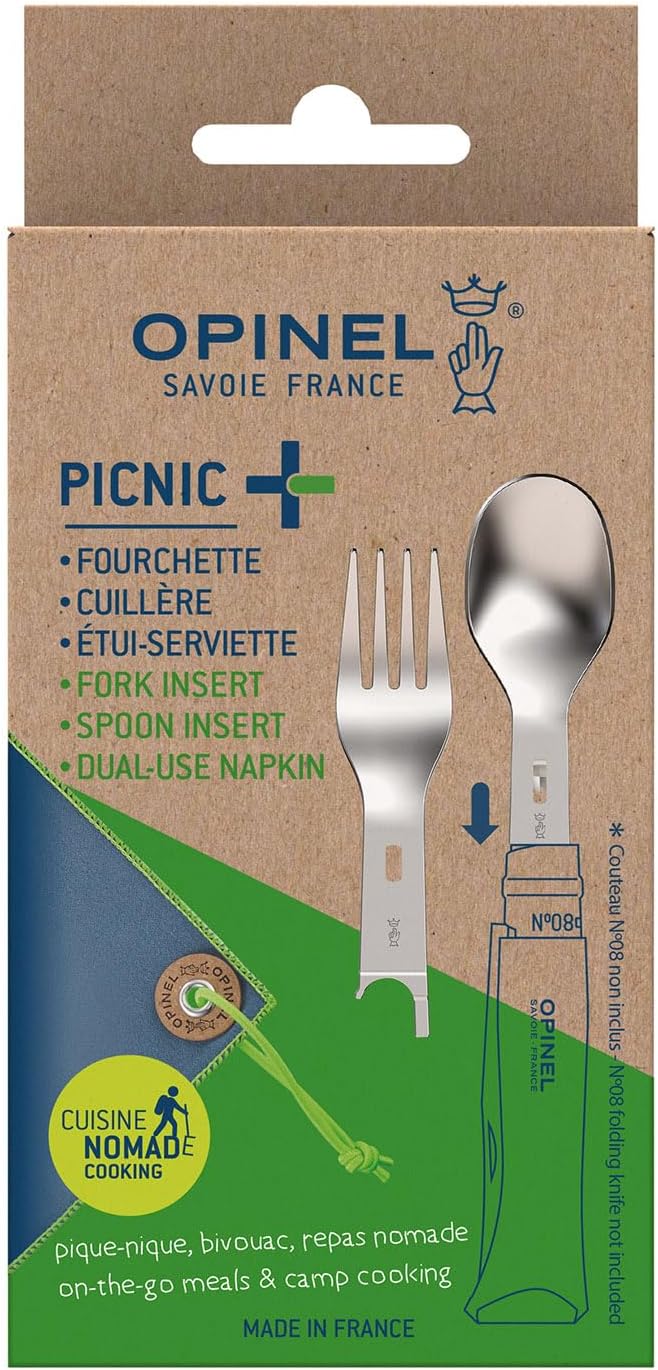 Opinel Picnic+ Cutlery Insert Set for No. 8 Folding Pocket Knives, Fork and Spoon Insert, Micro Fiber Napkin, Made in France