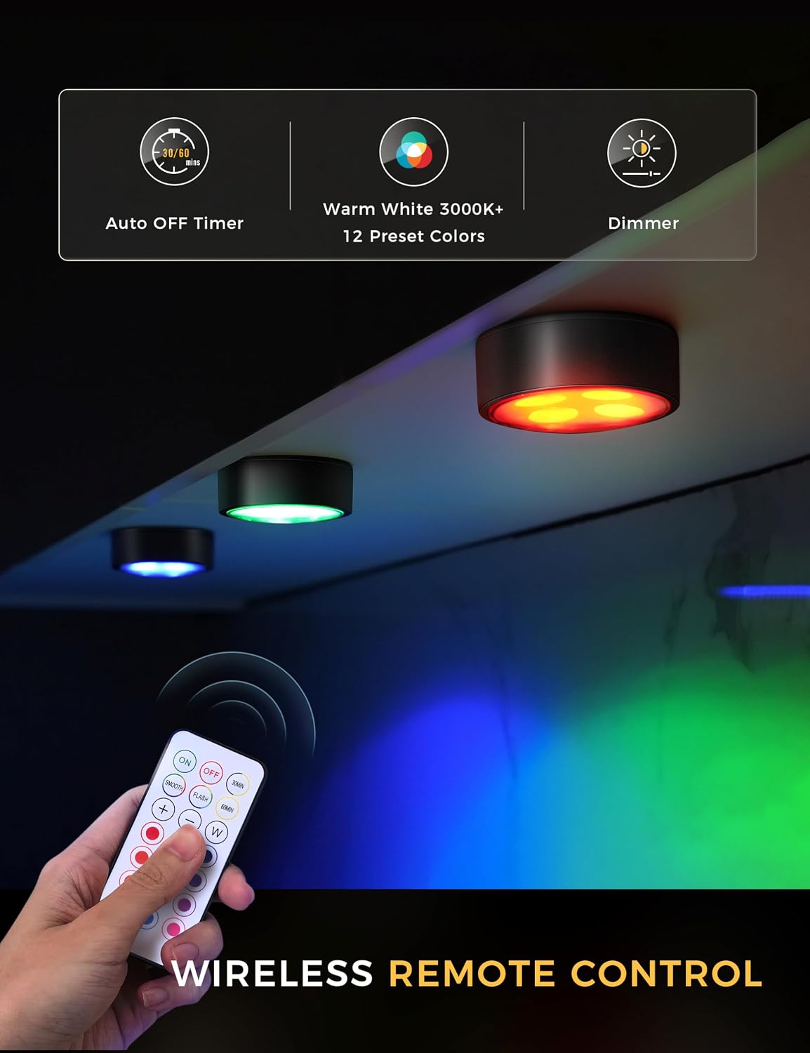 Push Lights with Remote 6-Piece Battery-Powered LED Hockey Puck Lights, Wireless Under-Cabinet & Baseboard Illumination, Dimmable & Color-Changing (2 Pack Black, Color)