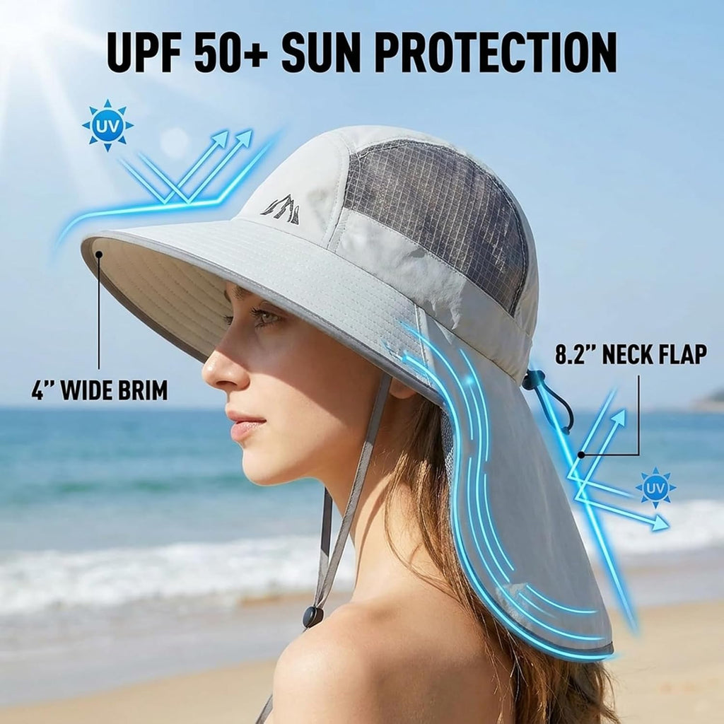 UV Sun Protection Hat Women Foldable Neck Flap Wide Brim Fishing Hat with Ponytail Hole for Women
