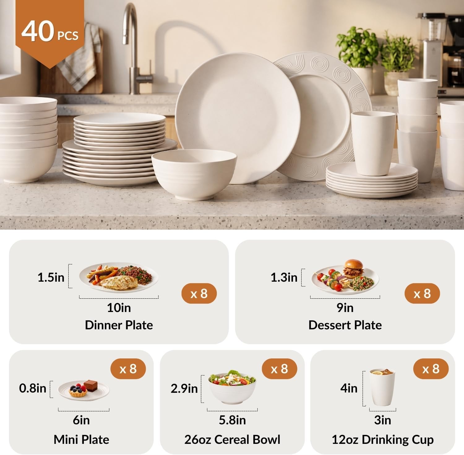 Homienly Wheat Straw Dinnerware Set,40-Piece Dish Set for 8, Dinner Plates, Dessert Plate, Cereal Bowls, Cups, Appetizer Plates,Reusable Dinner Plates Kids Plates and Bowls Sets, White