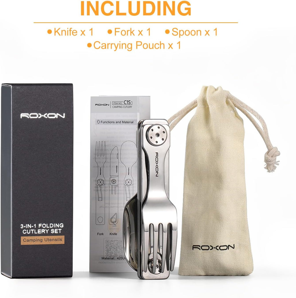ROXON 3-in-1 Camping Utensils Set with Case (Knife, Spoon, Fork) Silver